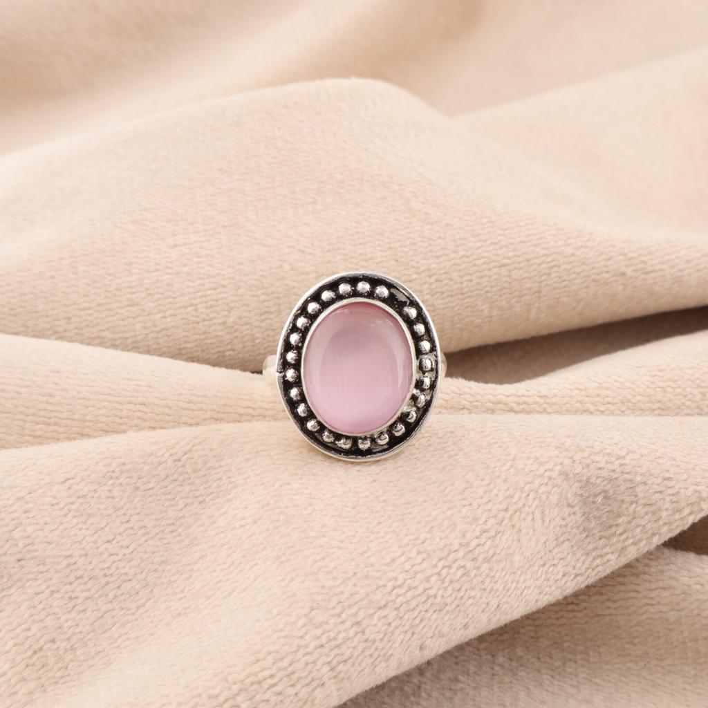 Pink Cat's Eye Gemstone 925 Sterling Silver Jewelry Handmade Anniversary Ring RR-62-40