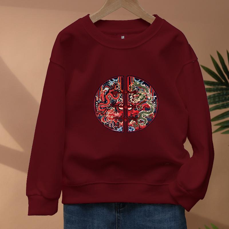 Autumn/Winter Unisex Warm Velvet Sweatshirt with Chinese-Style Embroidery Design