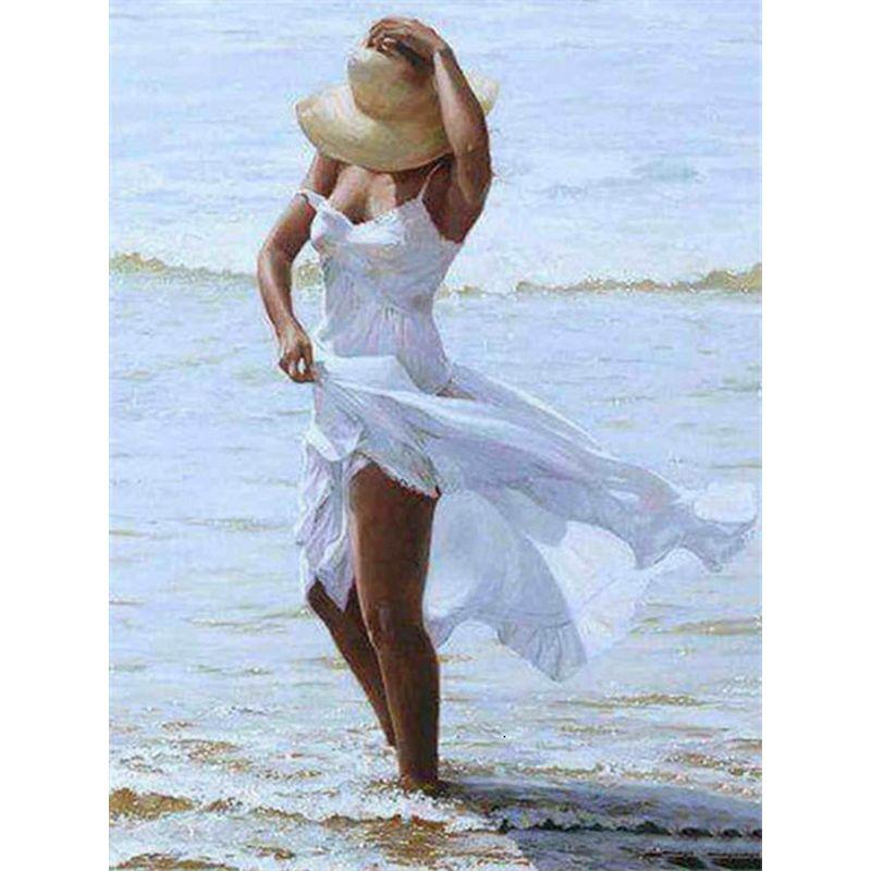 Round Full Painting Kit Diamond Seaside Woman Diy Diamond Mosaic Figure Home Decoration Pictures Gift