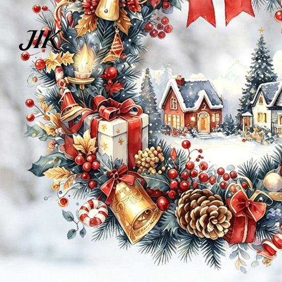 DIY Christmas Window Art Watercolor Wreath Static Cling, Reusable Xmas Sticker with Red Bow Winter Town Wall Stickers Snowy Decal, Holiday Decor