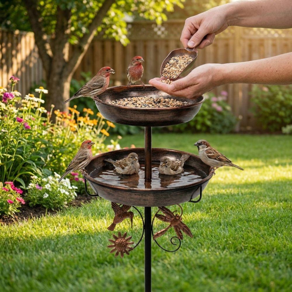 Double Layer Iron Bird Bath Feeder Vintage Standing Bird Feeding Station Lawn Decor