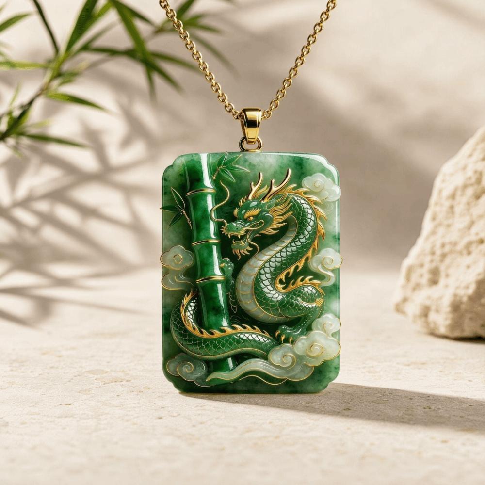 Bamboo Carved Pendant Necklace Green Square Pendant Lucky Amulet Traditional Chinese