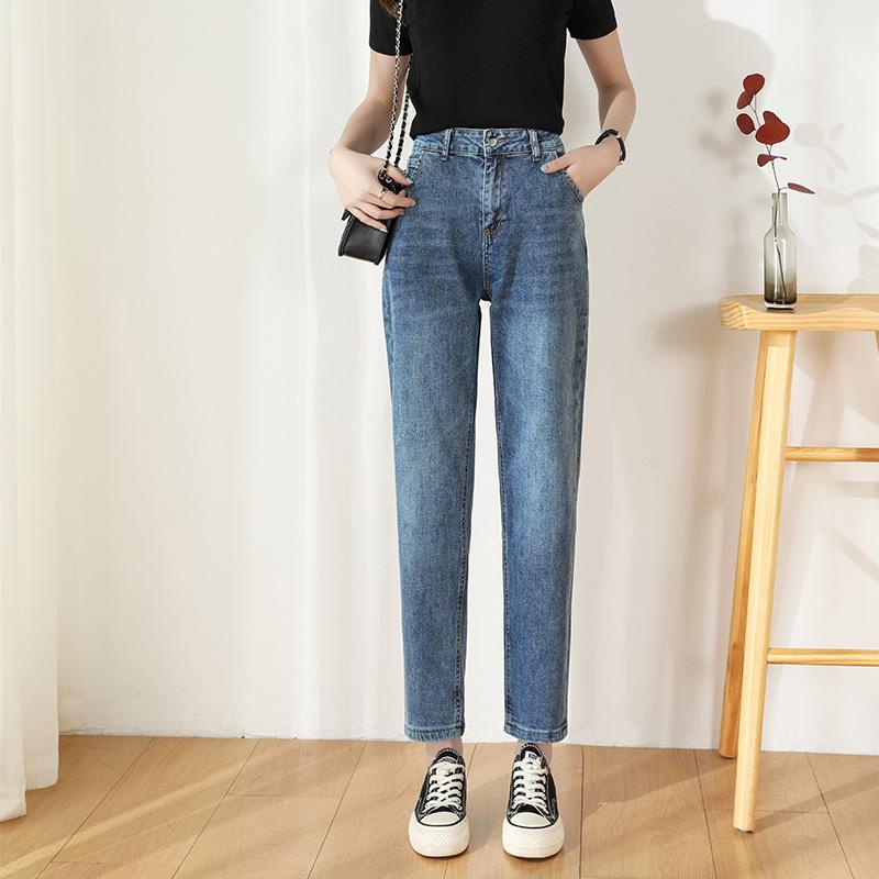 Женские весенне-осенние повседневные брюки большого размера с высокой талией, свободные прямые джинсы, джинсовые укороченные брюки