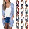 Women's Fashion Loose Casual Pocket Printed Cardigan Seven Sleeve Jacket Top