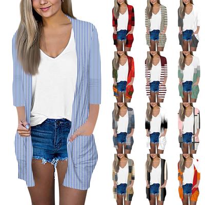 Женский модный свободный повседневный кардиган с принтом и карманами, куртка с рукавом семь восьмых, топ