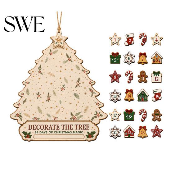Kids Holiday Gift Wooden Christmas Tree Advent Calendar, 24-Day Countdown Hanging Decoration Ornament Set with Mini Ornaments, Wall Decor, Family