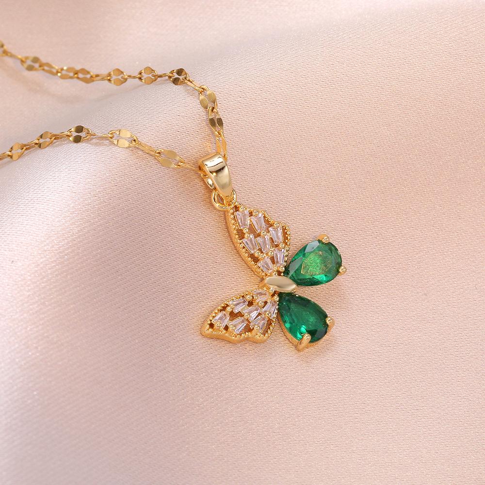 Full Zirconium Butterfly Pendant Stainless Steel Necklace Women's Simple and Versatile Necklace