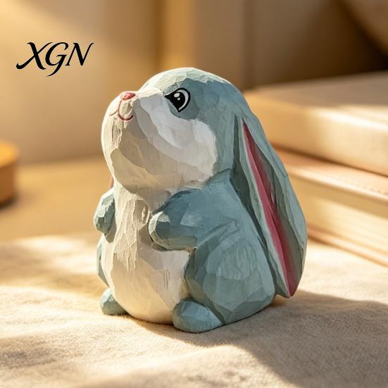 Handmade Animal Statue for Shelves Hand-Carved Lop-Eared Bunny Ornament, Cute Desk Figurine, Natural Wood Carving Art Small Decorative Entryway