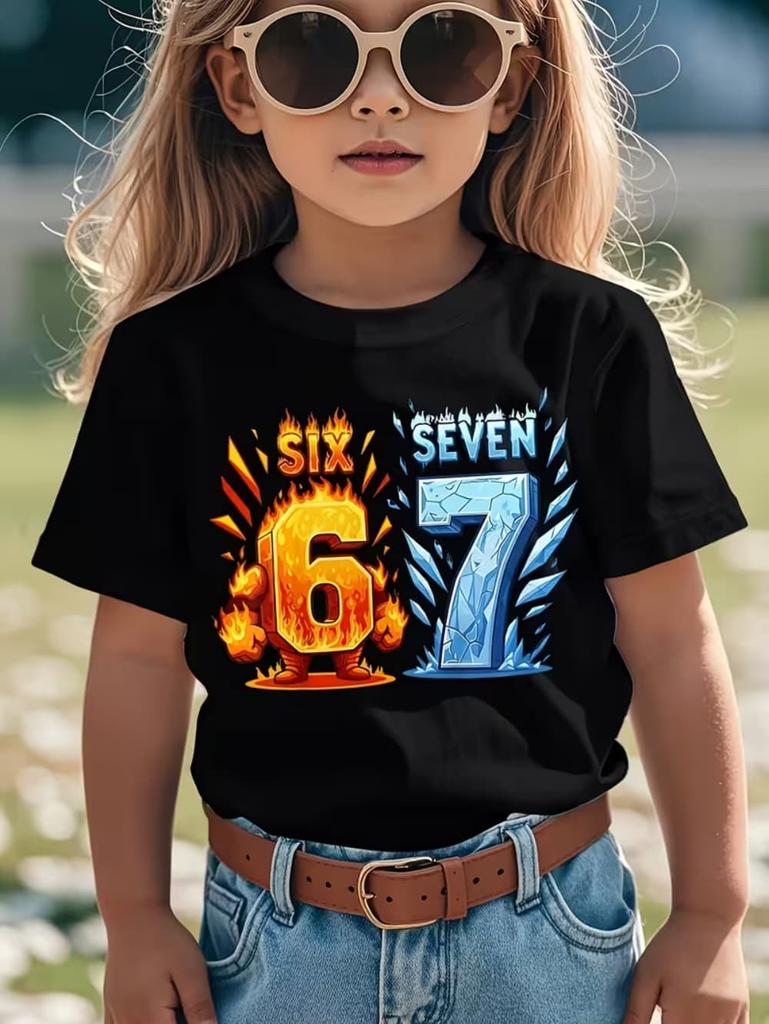 Забавная футболка с мемом Six Seven 6 7 для детей Хаотичный юмор Y2k Игровые надписи Футболки Повседневный топ с круглым вырезом Модная детская одежда