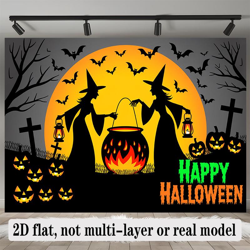 Party Backdrop Halloween Flat Witch Silhouette Pumpkin Lanterns Graveyard Winter Parties Celebration Photo Booth Front Door Decor