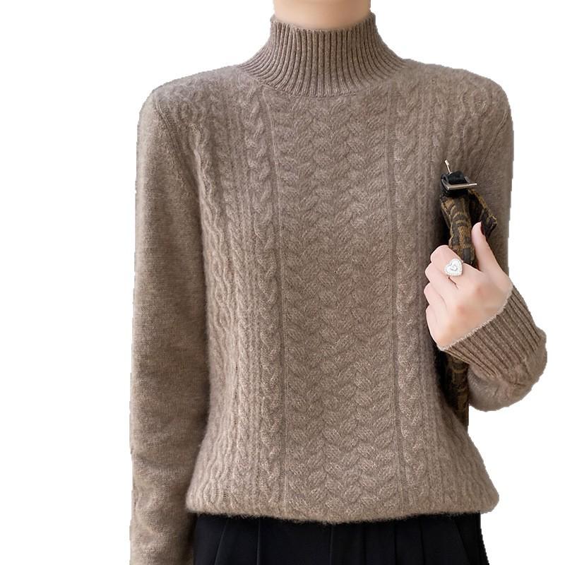Women's Thick Basketweave Knit Pullover - Autumn/Winter, Half-High Neck, Long Sleeve, Elegant Base Layer.