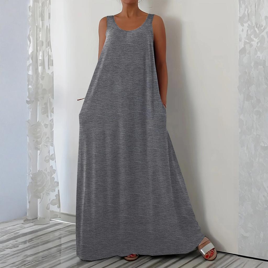 Женское модное однотонное платье с V-образным вырезом, без рукавов, повседневное, свободного кроя, пуловер, длинное