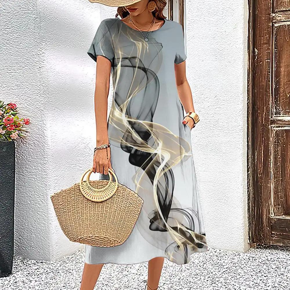 Элегантное женское платье летнее платье с короткими рукавами полосатая принтованная женская одежда свободная юбка А-силуэта повседневный круглый воротник пуловер