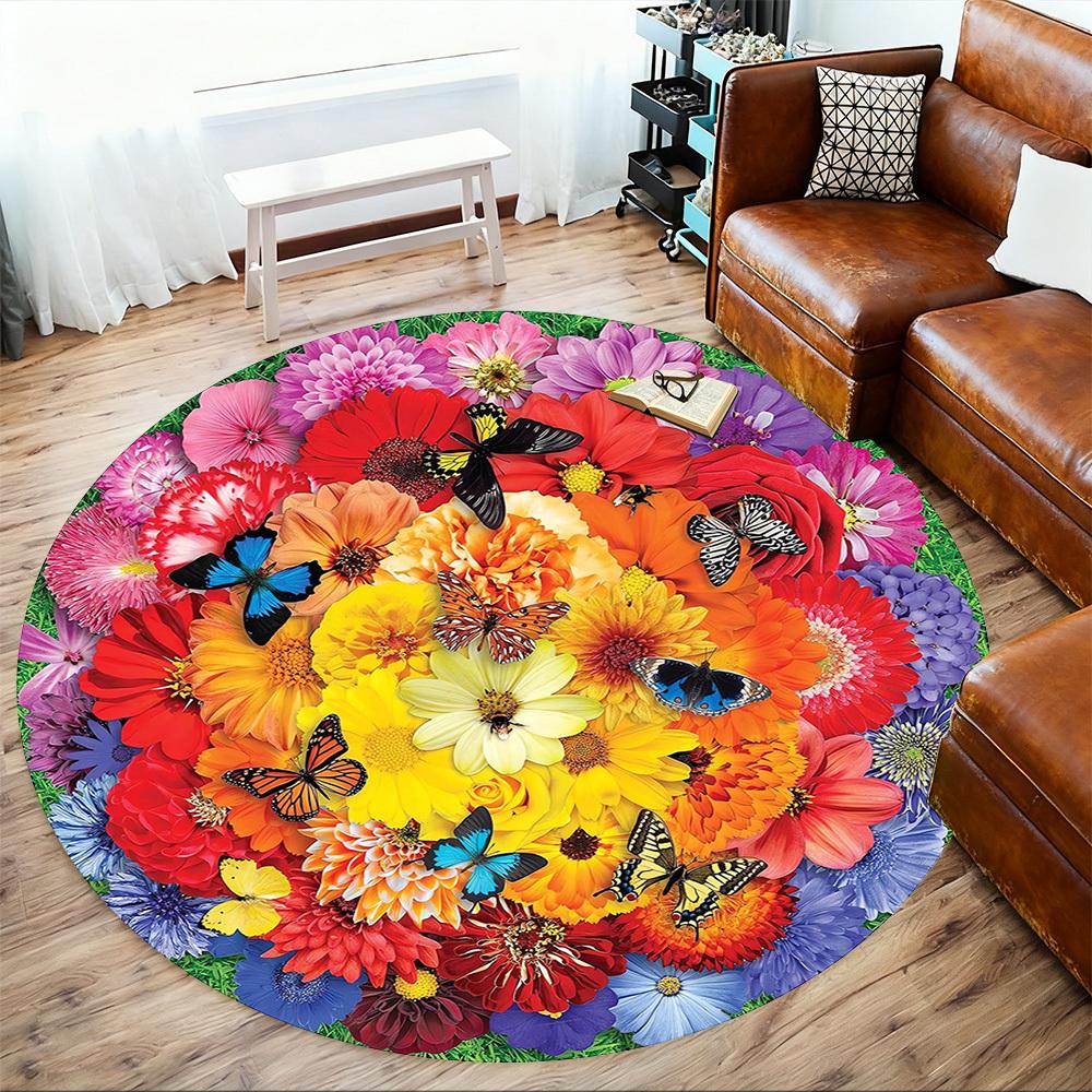 1pc Floral Butterfly Pattern Office Round Rugs, Under Chair Round Rugs for Living Room, Bedroom, Bathroom Decoration Carpet 091845