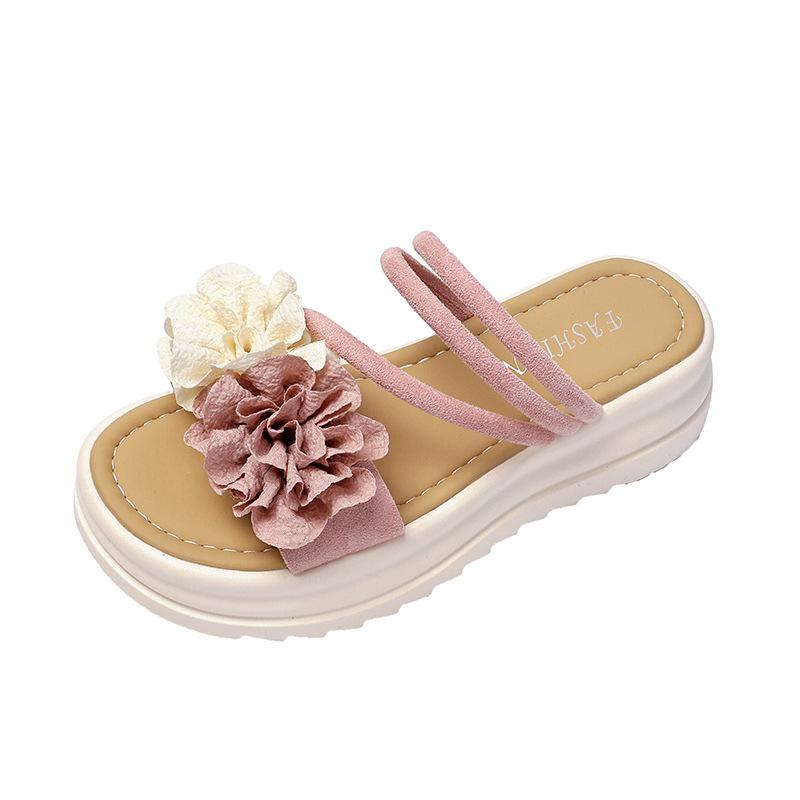 Двухцветные тапочки на платформе с цветочным узором, женские, лето 2025, новая корейская версия, фея, ветер, плоская подошва, студенческая мода, пляжные, классные тапочки