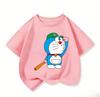 Kawaii Children Short Sleeve Tee Lovely Doraemon Print Soft Crew Neck Casual Daily Summer Outfit For Kids 3 To 14