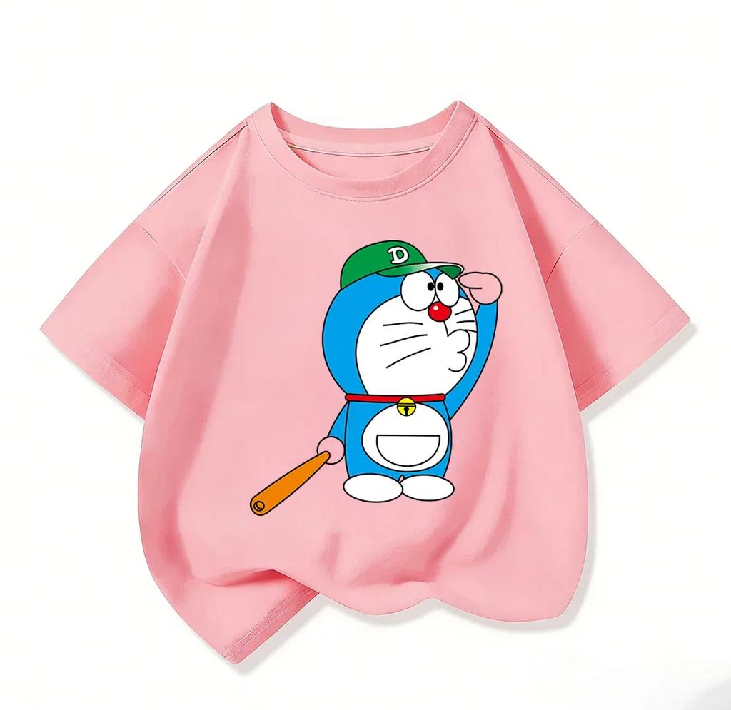 Kawaii Children Short Sleeve Tee Lovely Doraemon Print Soft Crew Neck Casual Daily Summer Outfit For Kids 3 To 14