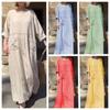 2024 Cross-Border Summer Women's Round Neck Cotton-Linen Long Sleeve Casual Dress with Pleats and Double Side Pockets