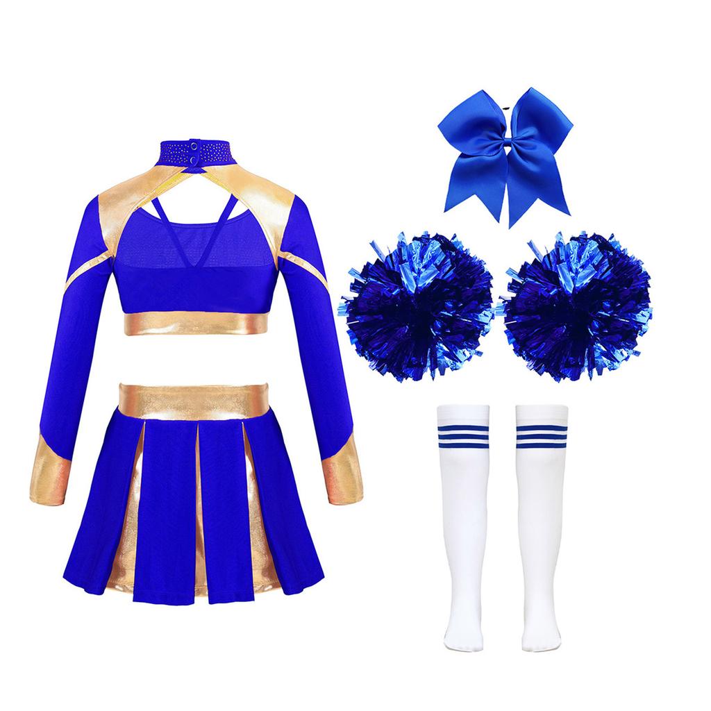 Детский блестящий наряд для девочек, укороченный топ с вырезом, плиссированная юбка, полосатые чулки, комплект аксессуаров с бантом