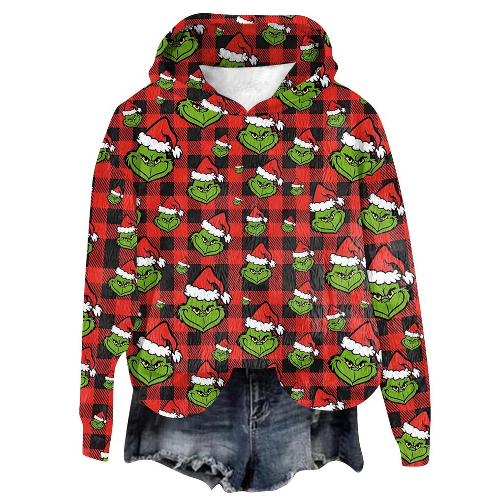 Women's Hooded Long Sleeve Christmas Printed Flannel Top Hooded Sweatshirt