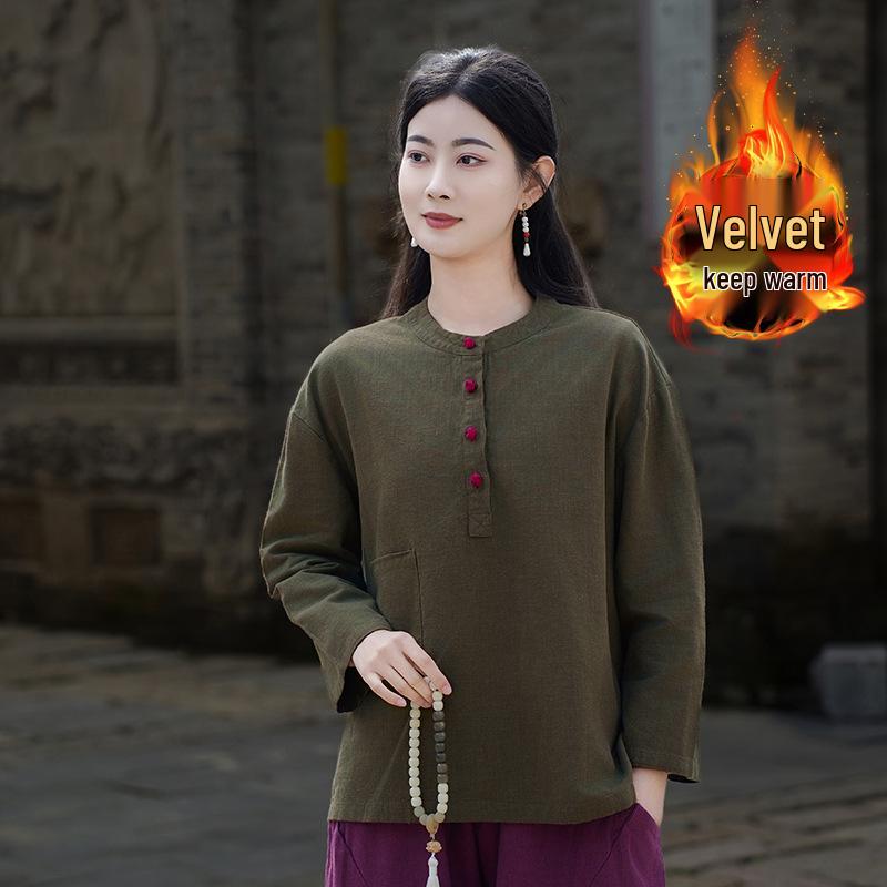 Women's Retro Chinese Style Patchwork Top: Cotton Linen with Fleece, Stand Collar, and Frog Button