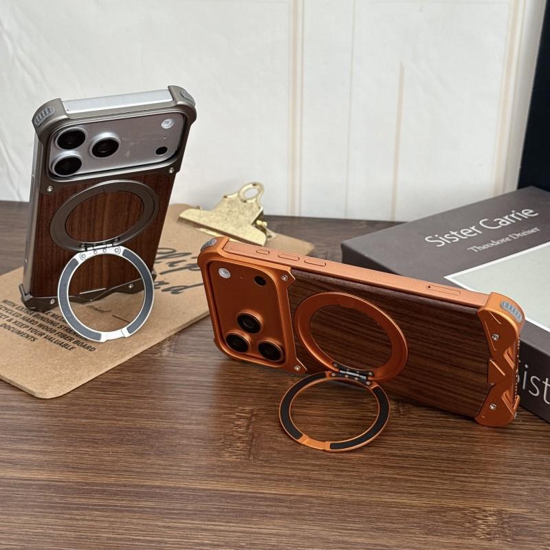 Wood Metal Phone Case IPhone 17 Pro Max 18 Magnetic Rotating Stand Shockproof
