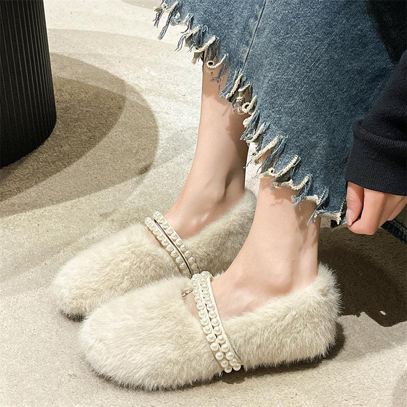 Fashion Luxury Pearl Design Mary Jane Shoes Winter Women Plush Furry Warm Shoes Ladies Fashion Shallow Comfortable Cotton Loafers Flats