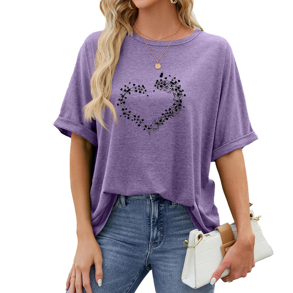 Women Fashion Plus Size Print Tees Summer Casual Round Neck Short Sleeve Top Pullover Loose T-shirt