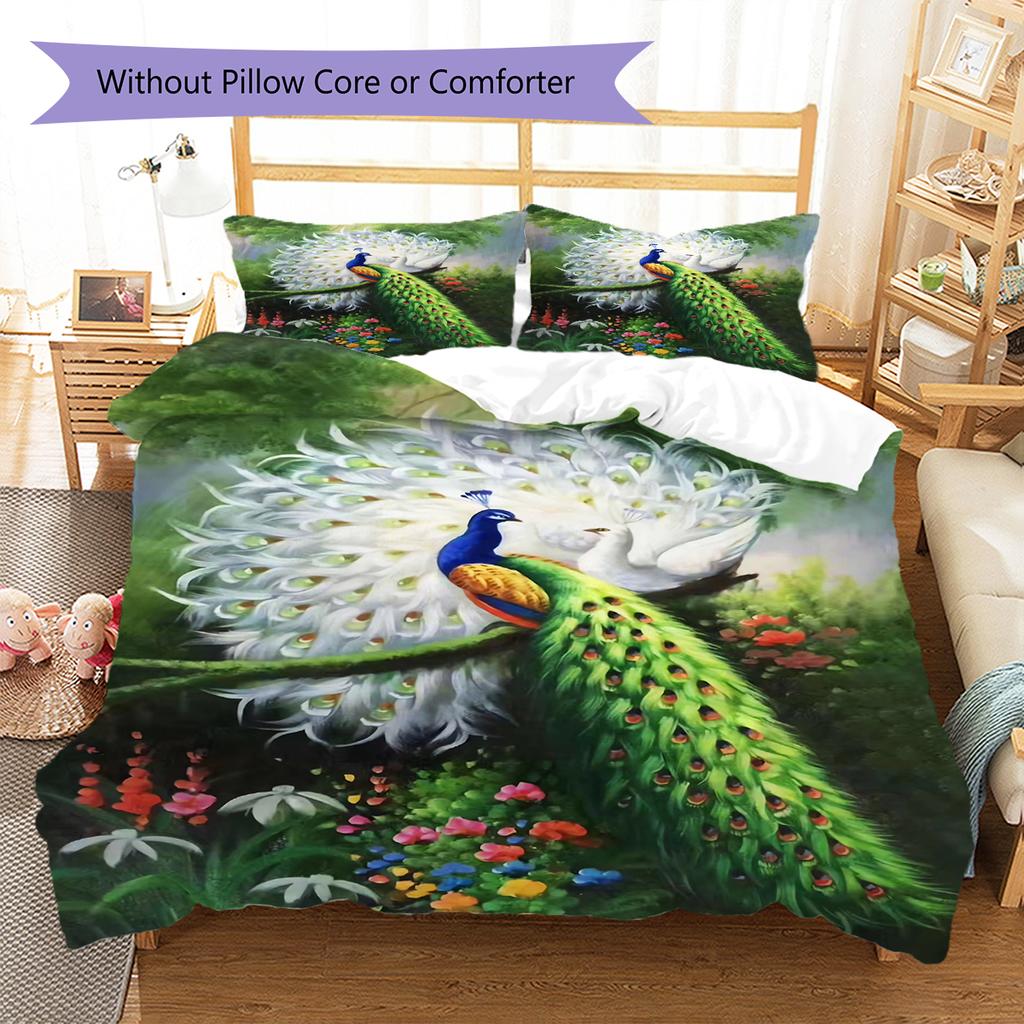 Peacock Oil Painting Pattern Bedding Quilt Set Quilt Cover Pillowcase Home Decoration Birthday Gift (1 * duvet cover + 2 * pillowcase, without core)