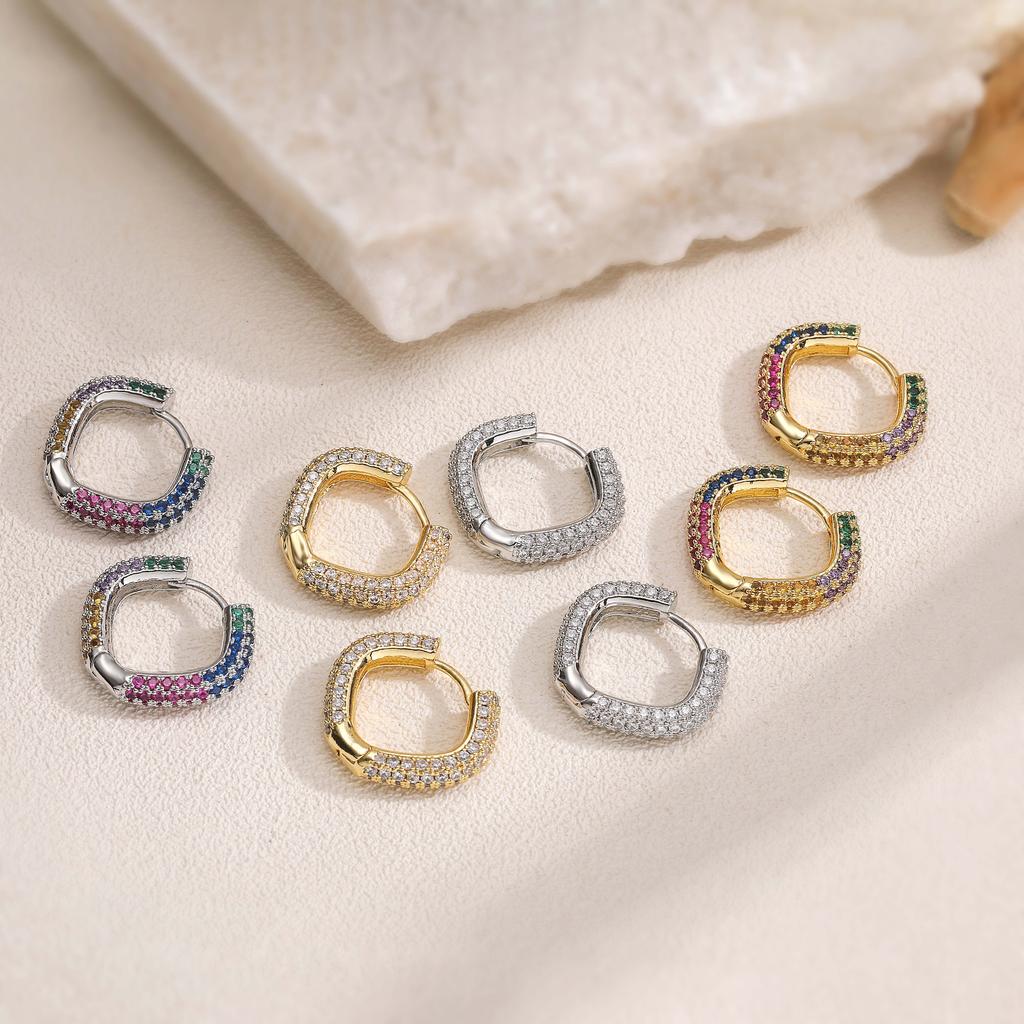 HECHENG,Brass Metal Multi-Color Zircon Square Hoop Earrings Exquisite Luxury Minimalist Korean Style Women's Zircon (1 Pair)