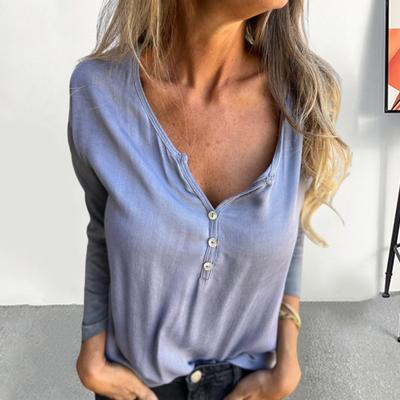 Женские топы с V-образным вырезом, пуговицами, полузастежкой, длинным рукавом, свободный крой, футболка, однотонная, эластичная, повседневная