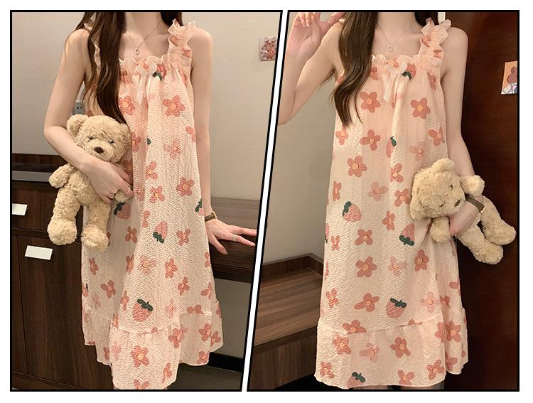 Женская летняя ночная рубашка из хлопка с пузырьками и подтяжками на груди — легкая, стильная домашняя одежда для дома и улицы