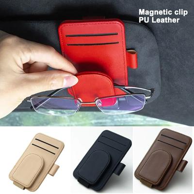 Многофункциональный держатель для очков из искусственной кожи для солнцезащитного козырька автомобиля, креативный чехол для хранения солнцезащитных очков с магнитным зажимом и ручкой, держатель для карт