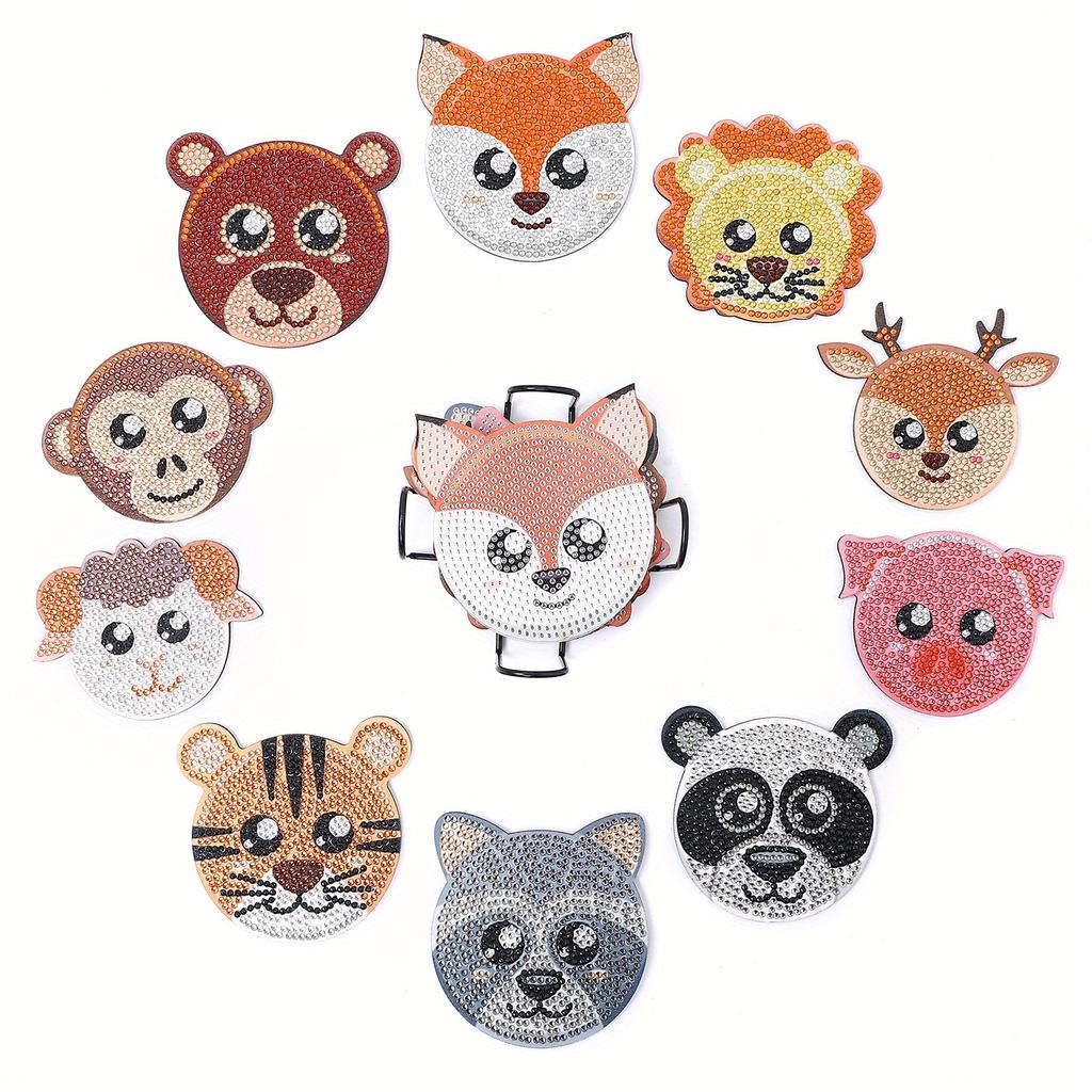 10pcs Vibrant 5D Diamond Painting Coasters Set - Heat Insulation, Cartoon Animals Pattern Design, Cup Mat, Perfect Gift Idea for Friends and Family