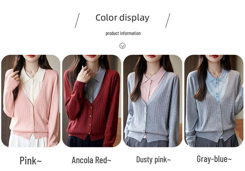 Women's Fine Wool Faux Two-Piece Knit Cardigan with Lapel Collar, Long Sleeves, and Inner Base Layer.