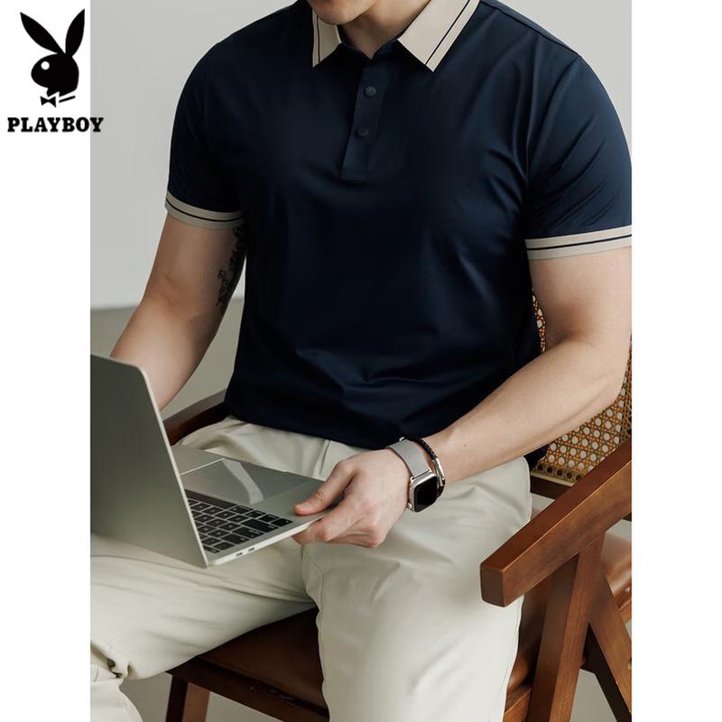 PLAYBOY Мужская поло с лацканами и коротким рукавом в стиле колор-блок