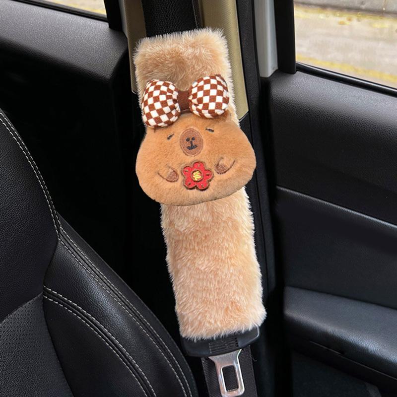 New Cute Cartoon Capybara Universal Car Seat Belt Cover Imitation Rabbit Fur Long Plush Auto Safety Shoulder Pad For Kids Ladys