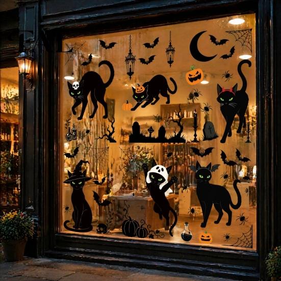 Indoor Seasonal Glass Art 6 Sheets/Set Black Cat Window Stickers, Adhesive Free Static Clings, No Residue Holiday Decorations Halloween Bat