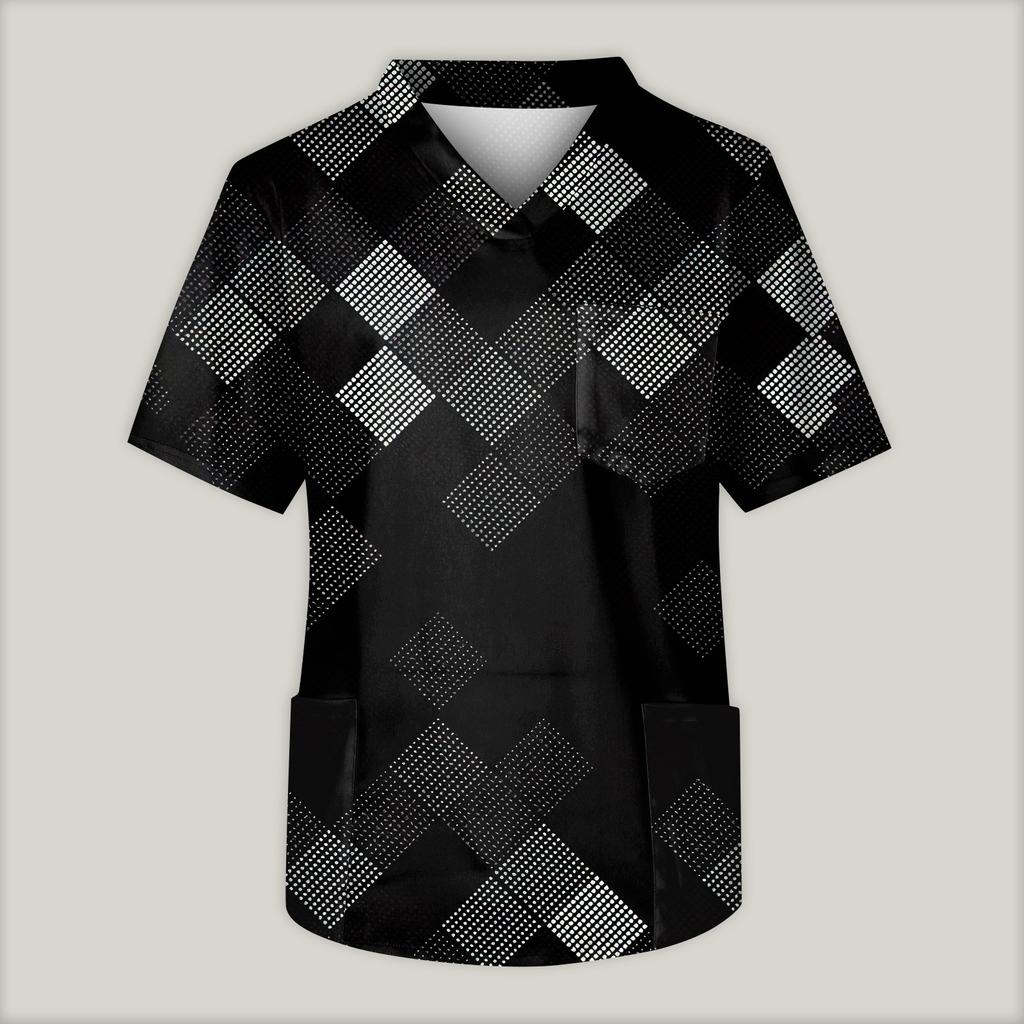 Мужская рабочая блузка с короткими рукавами и v-образным вырезом с принтом, топ с нагрудным карманом