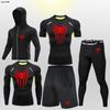 Mens Compression Fitness Set 5pcs Running Gym Workout Suit Long Sleeve Hooded Tight Sportswear Breathable Quick Dry