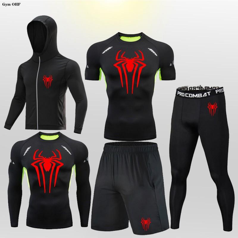 Mens Compression Fitness Set 5pcs Running Gym Workout Suit Long Sleeve Hooded Tight Sportswear Breathable Quick Dry