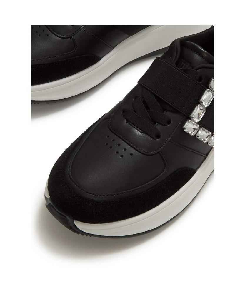 Fitflop Women'S F-Mode Crystal Buckle Leather/Suede Sneakers - Black (Ft61K2N185)