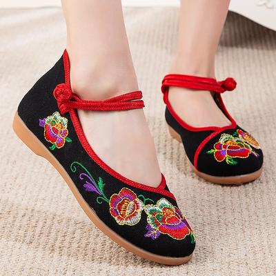 Женские милые сладкие с круглым носком черные с цветочным принтом высококачественные парусиновые вышитые балетки леди классические черные туфли для танцев ab667