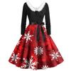 Women Vintage Long Sleeve Christmas Print 1950s Housewife Evening Party Prom Dress