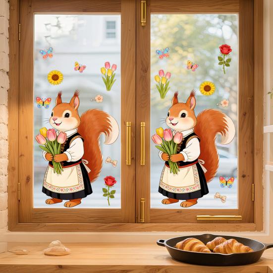 Spring Fox Window Clings Cartoon Fox Flowers Butterflies Glass Sticker Removable Cute Animal Window Decals for Home Office Shop