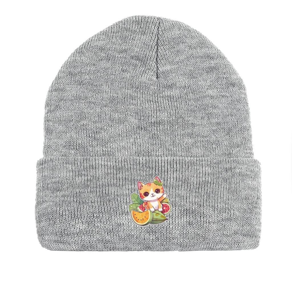 Cat Fruit Print Knit Cap Beanie, Skullies Beanies Winter Stretchy Sporting Bonnet Knitted Hat Beanie