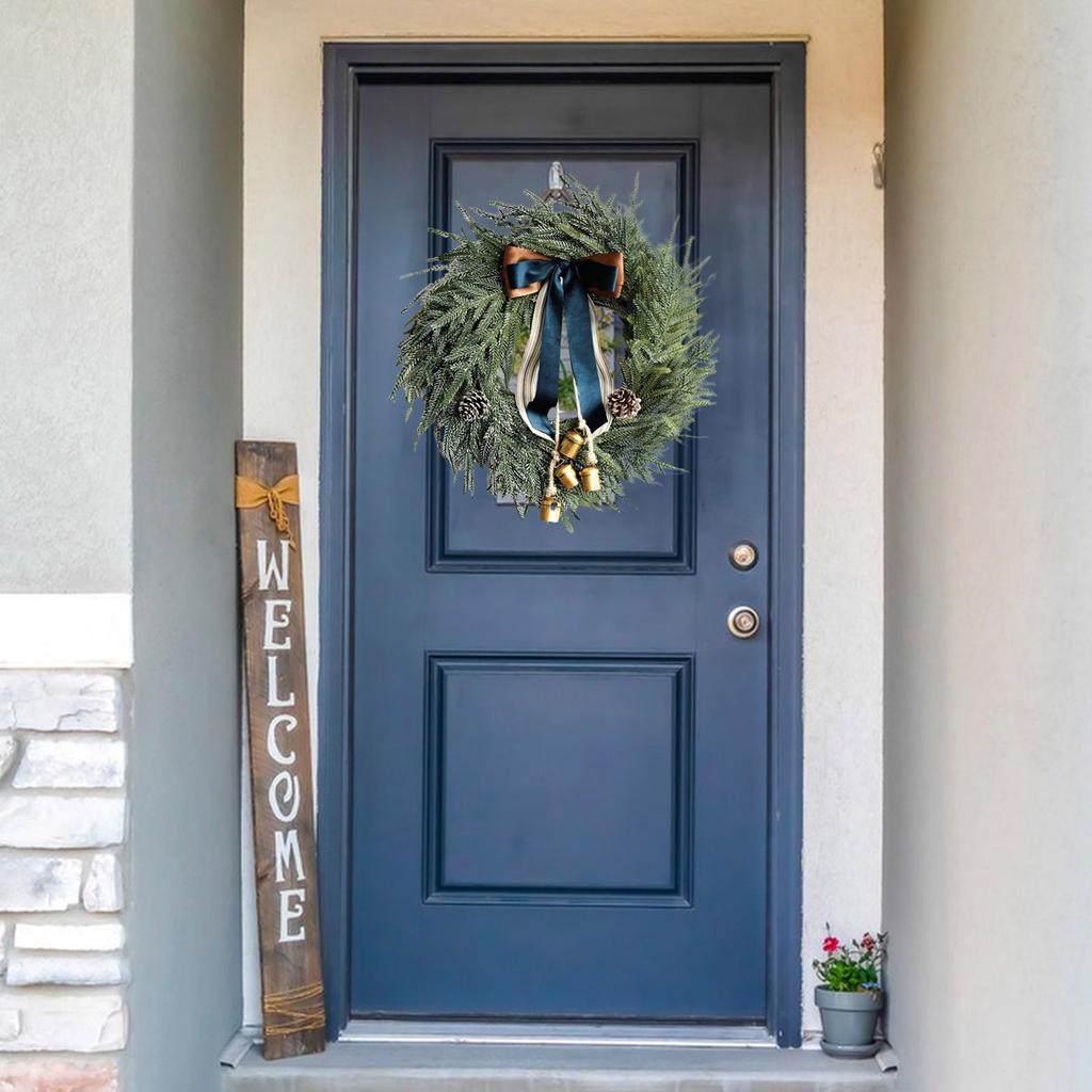 Christmas Decorations -  Norfolk Wreath With Bells And Ribbon - Artificial Wreath For Home Table Wall Window Indoor Outdoor Outside Decoratio