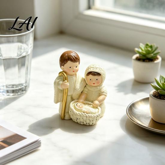 Miniature Holy Family Resin Figurine Cute Cartoon Nativity Scene Ornament for Christmas Decor Desktop Shelf Decoration Hand Painted Parents and Kid