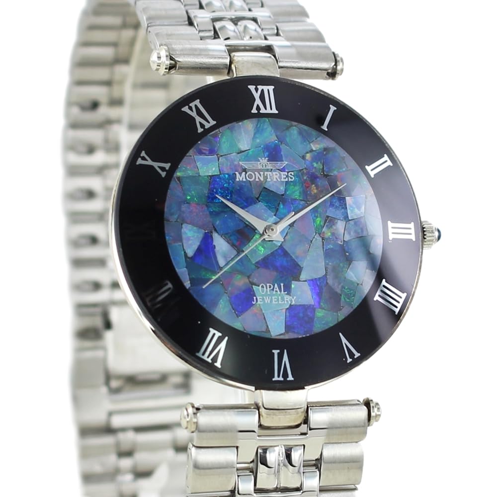 Пара часов Коробка для хранения часов Соответствующая пара часов Натуральный камень Синий опал Браслет из нержавеющей стали [Montress] Мужские Женские MS-003G-SS-pea []