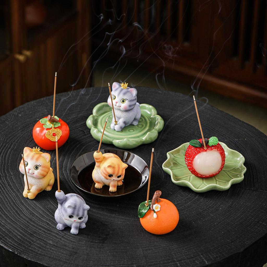 Celadon Lychee Incense Holder: Creative Small Sandalwood Burner with Kitten Ornament for Tea Table.